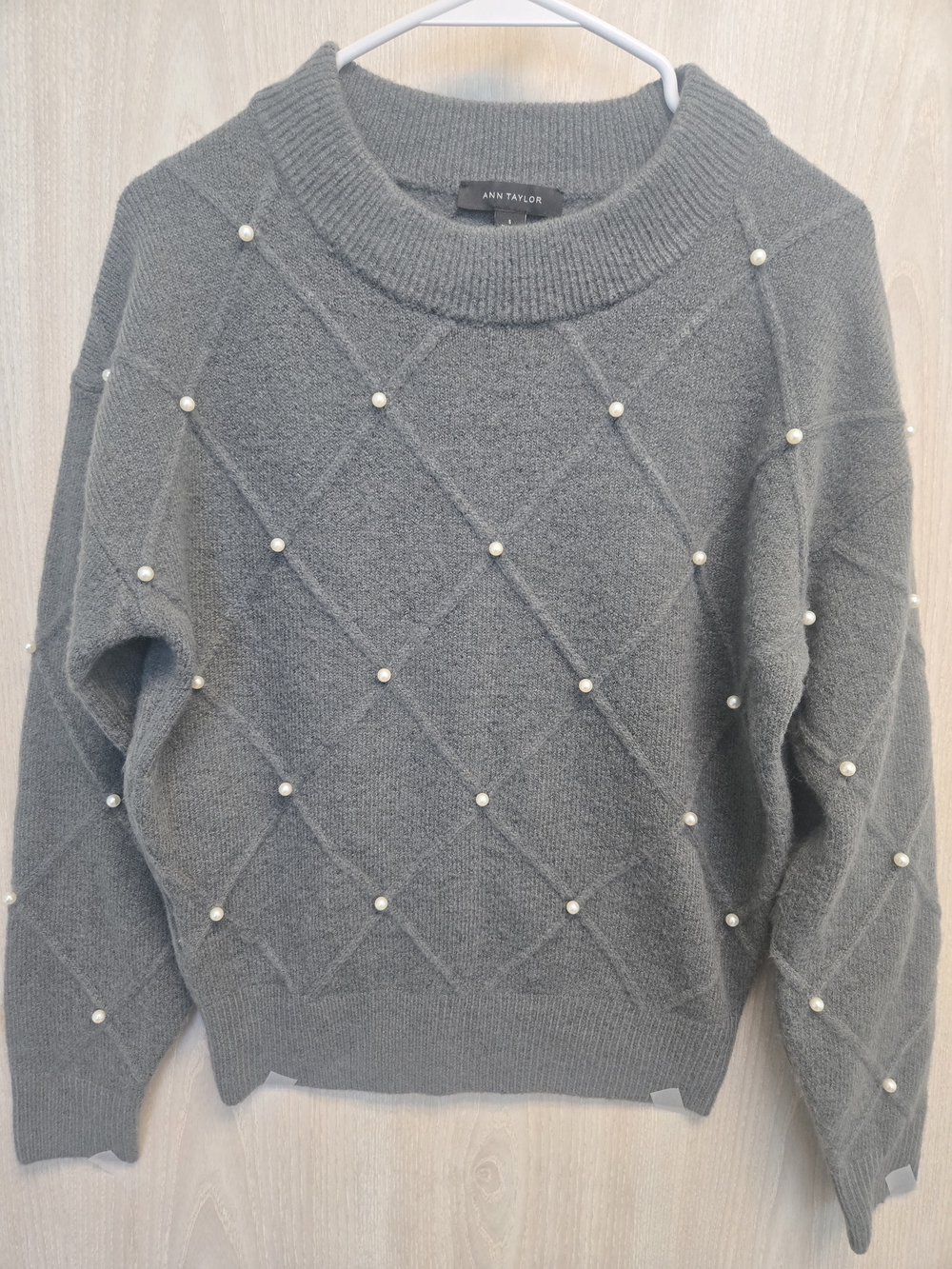 Ann Taylor Gray Crewneck Sweater with Pearl Detail